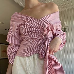 Red & white pin stripe wrap poplin blouse